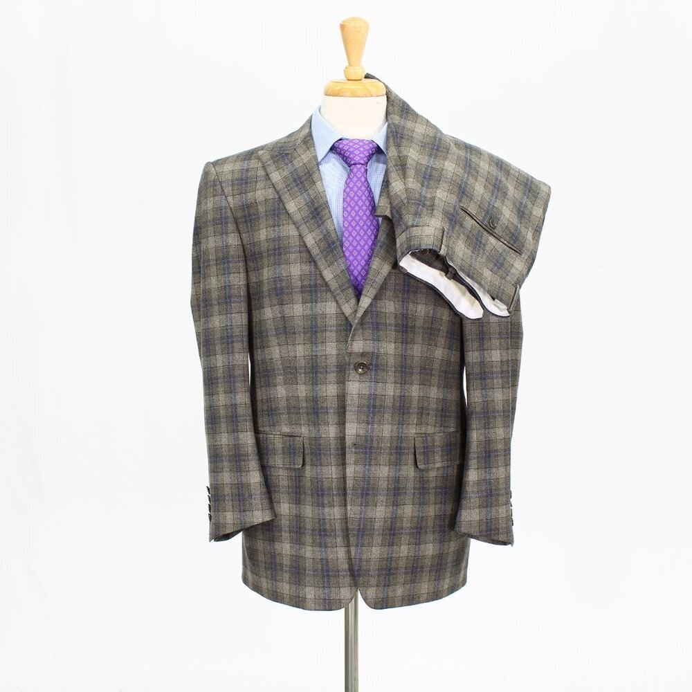 Bespoke Christopher James 42S 37x30 Beige/Gray Check Full Canvas Full Suit R295